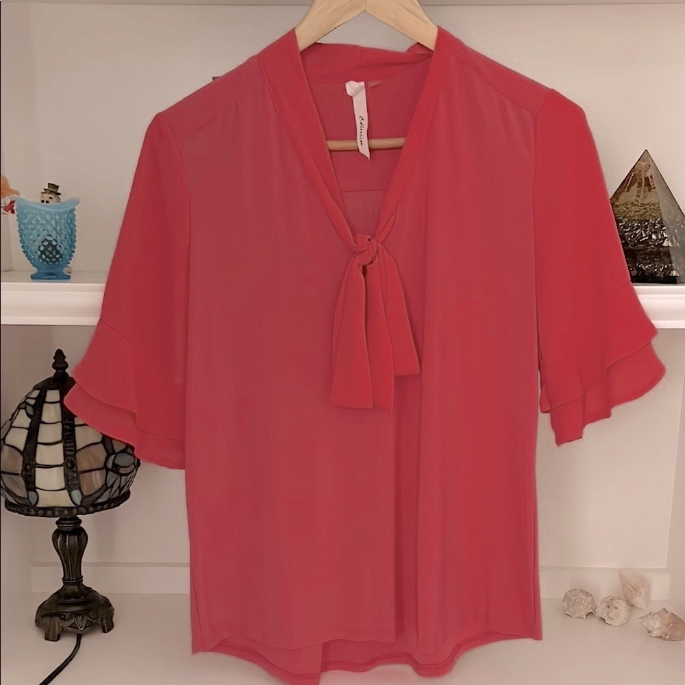 NY Collection Pink Blouse with Flutter Sleeves and Tie Front #226